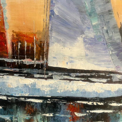 Sailing At Sunset hand-painted ocean blue and orange textured sailboat seascape painting shown with wood frame