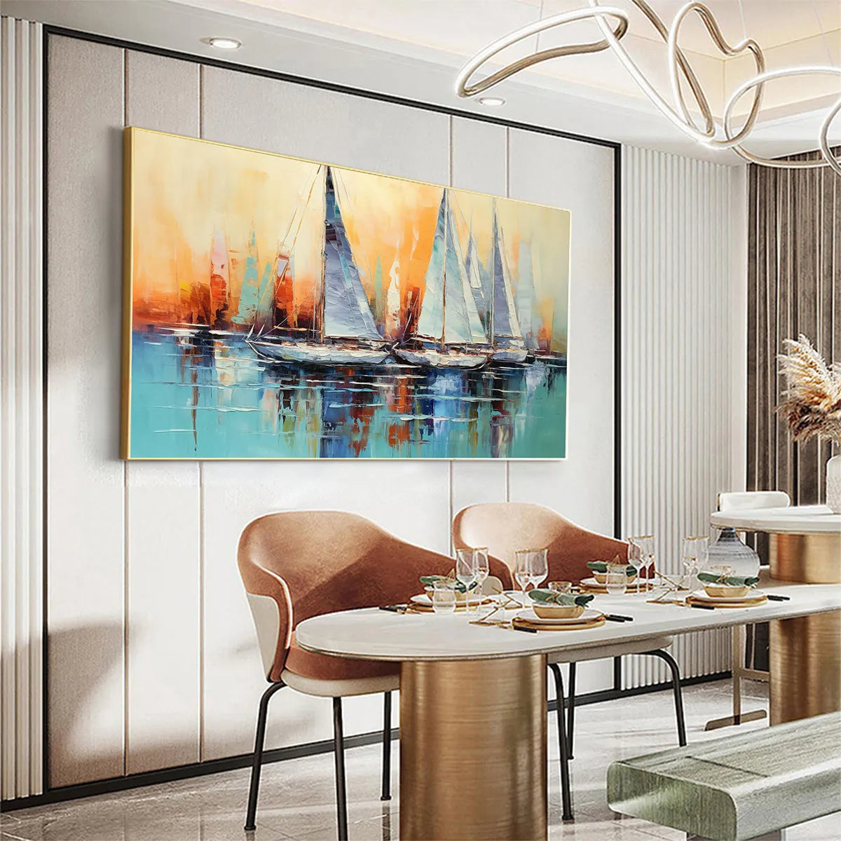 Sailing At Sunset hand-painted ocean blue and orange textured sailboat seascape painting rolled canvas option