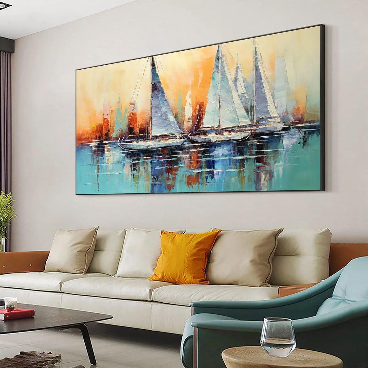 Sailing At Sunset hand-painted ocean blue and orange textured sailboat seascape painting shown as stretched canvas