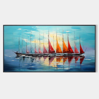 Sailing Into Sunset hand-painted ocean blue, ivory and soft neutral tones textured sailboat seascape painting rolled canvas option