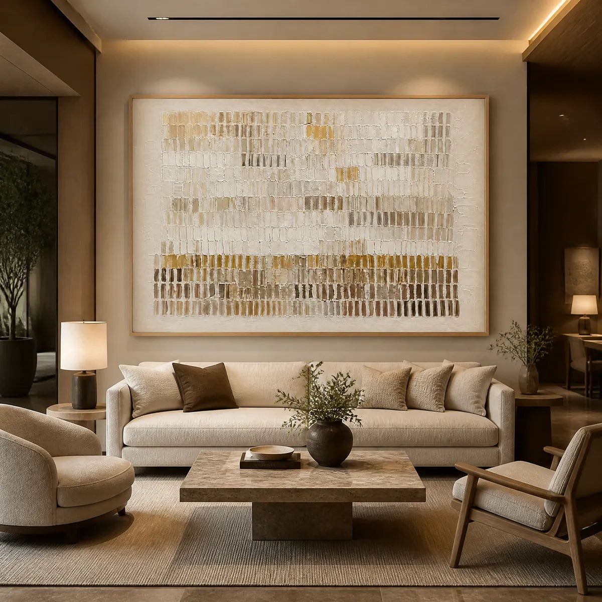 Beige Wabi-Sabi Neutral Abstract Oil Painting – Sandline Horizon
