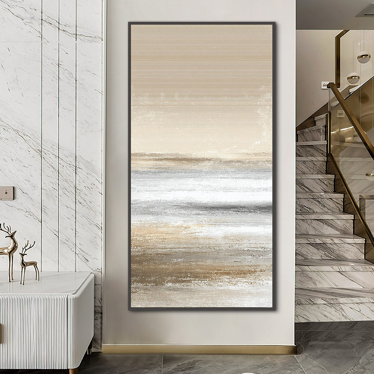 Sandstone Serenity hand-painted white, beige and sand textured coastal abstract painting shown with silver frame