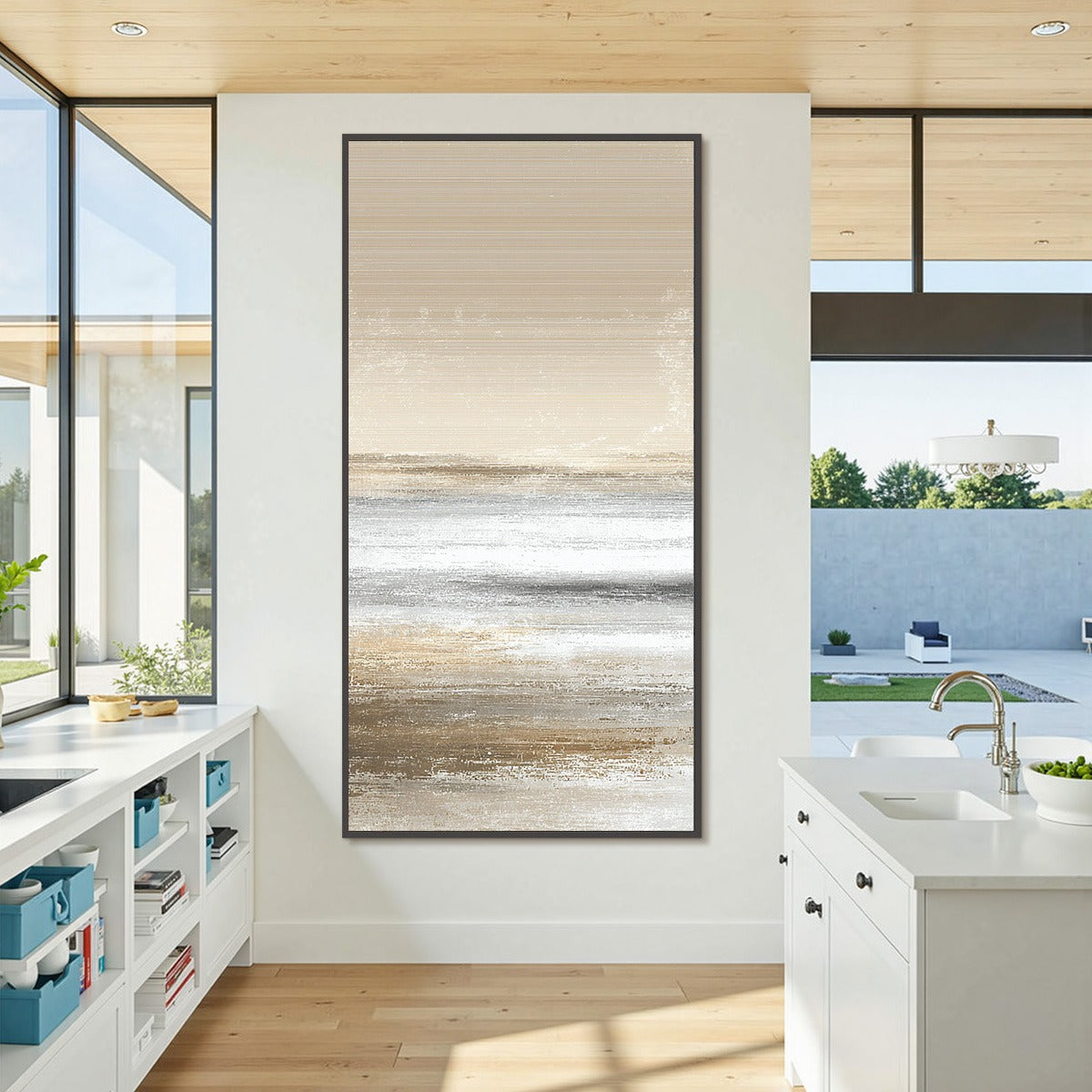 Sandstone Serenity hand-painted white, beige and sand textured coastal abstract painting shown with black frame
