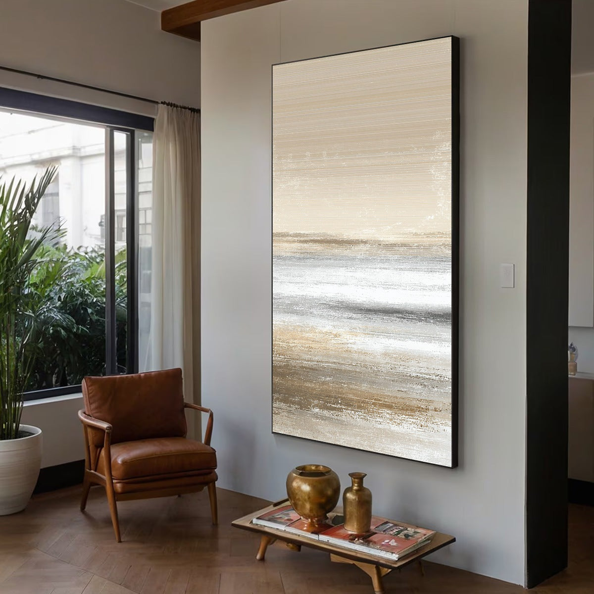 Sandstone Serenity hand-painted white, beige and sand textured coastal abstract painting shown with wood frame