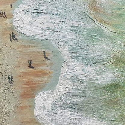 Seashore Serenade hand-painted ocean blue, ivory and soft neutral tones textured beach scene painting shown with wood frame