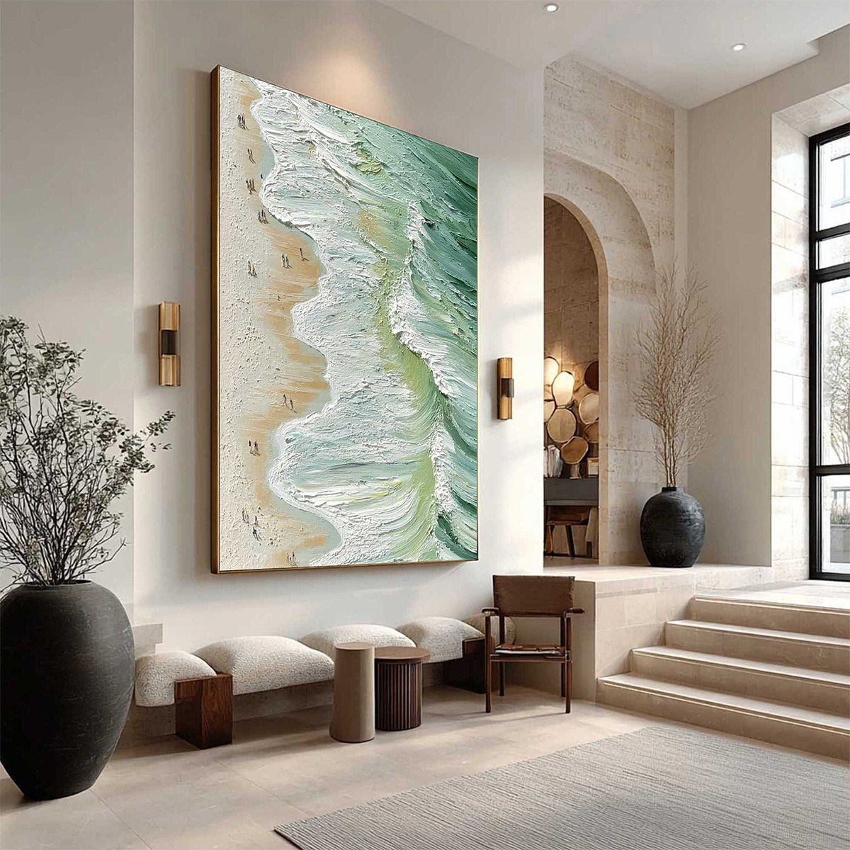 Seashore Serenade hand-painted ocean blue, ivory and soft neutral tones textured beach scene painting shown with white frame