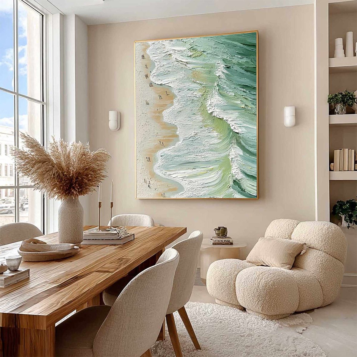 Seashore Serenade hand-painted ocean blue, ivory and soft neutral tones textured beach scene painting shown as stretched canvas