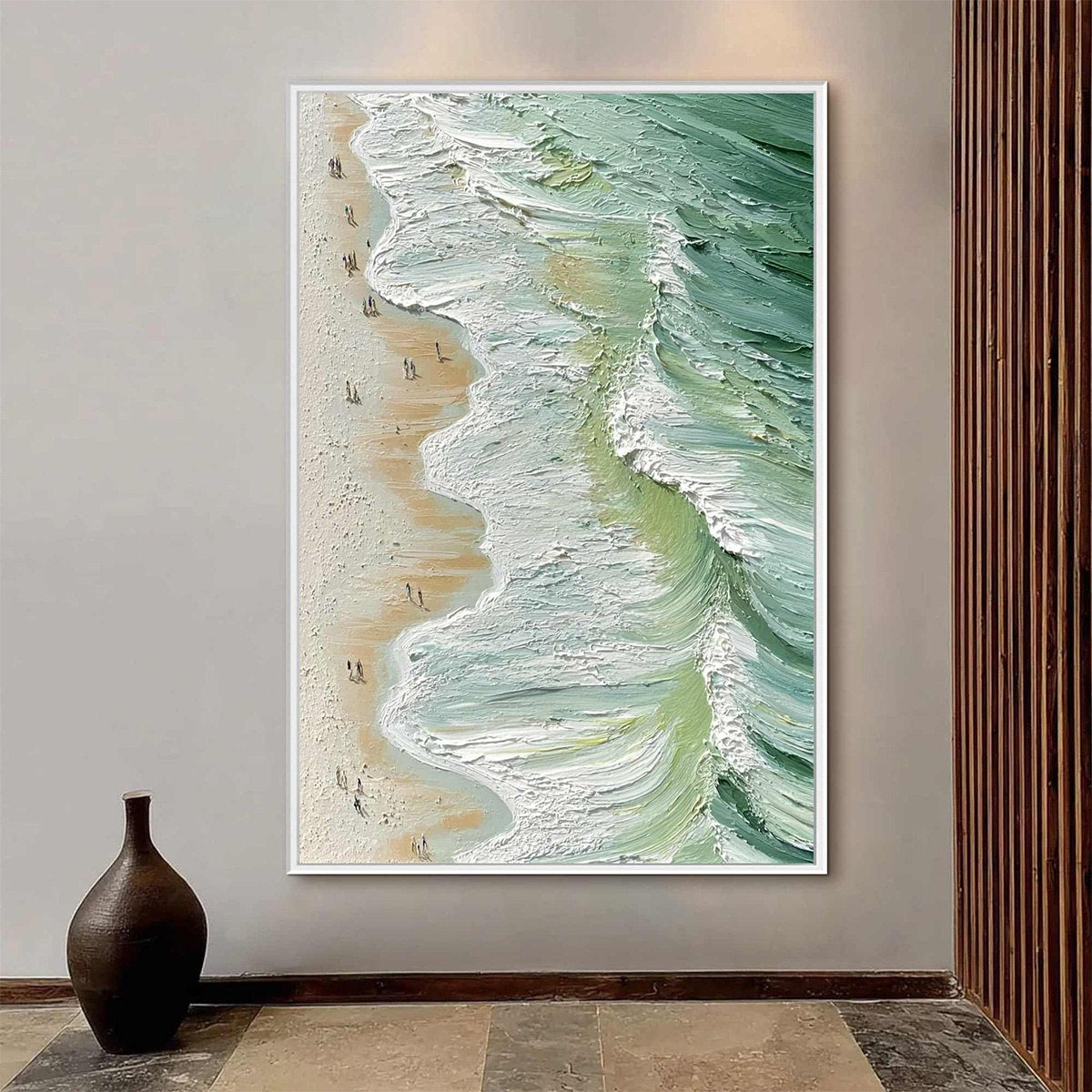 Seashore Serenade hand-painted ocean blue, ivory and soft neutral tones textured beach scene painting shown as stretched canvas