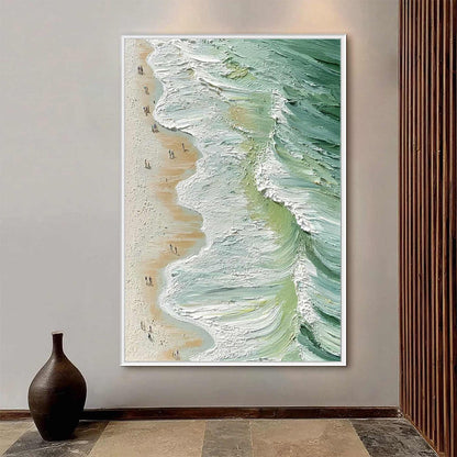 Seashore Serenade hand-painted ocean blue, ivory and soft neutral tones textured beach scene painting shown as stretched canvas