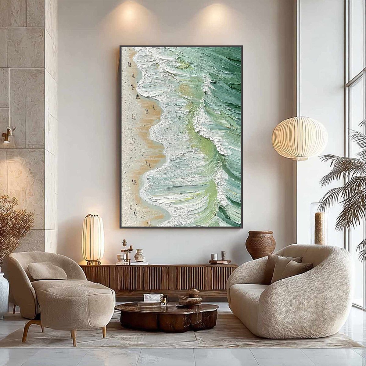 Seashore Serenade hand-painted ocean blue, ivory and soft neutral tones textured beach scene painting shown with black frame