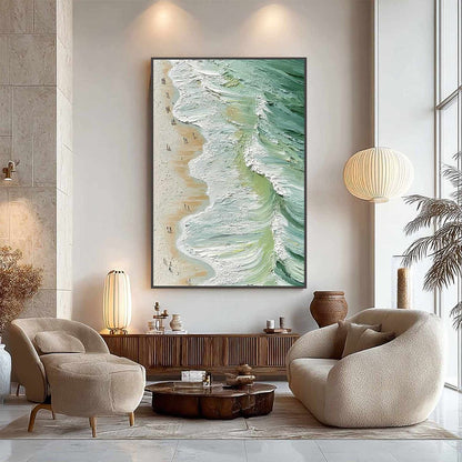 Seashore Serenade hand-painted ocean blue, ivory and soft neutral tones textured beach scene painting shown with black frame