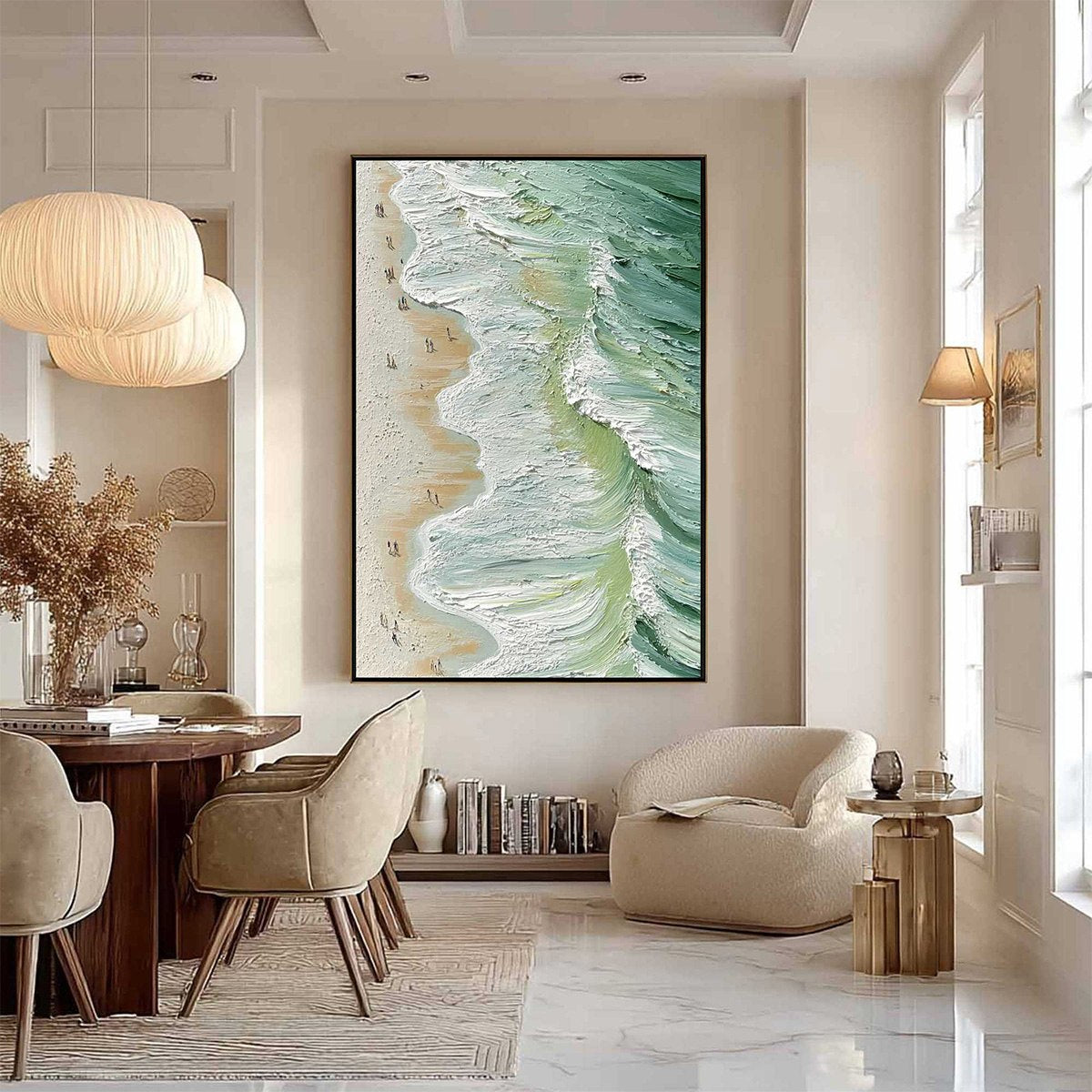 Seashore Serenade hand-painted ocean blue, ivory and soft neutral tones textured beach scene painting shown with silver frame