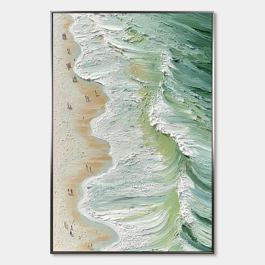 Seashore Serenade hand-painted ocean blue, ivory and soft neutral tones textured beach scene painting rolled canvas option