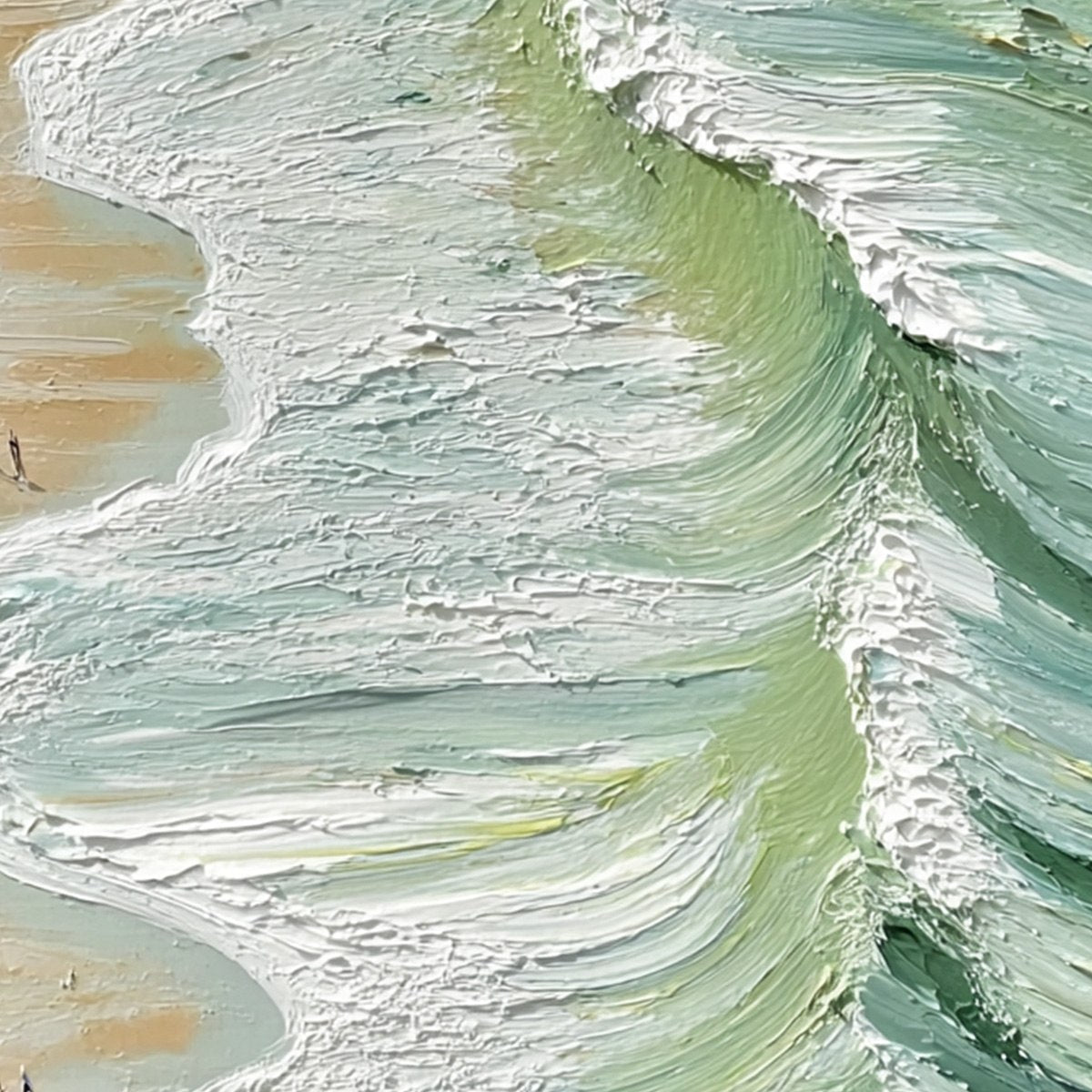 Seashore Serenade hand-painted ocean blue, ivory and soft neutral tones textured beach scene painting shown with gold frame