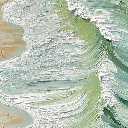Seashore Serenade hand-painted ocean blue, ivory and soft neutral tones textured beach scene painting shown with gold frame