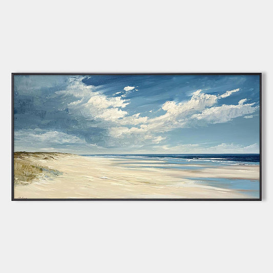 Seaside Serenity hand-painted ocean blue, ivory and soft neutral tones textured coastal landscape painting rolled canvas option