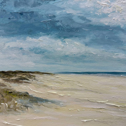 Seaside Serenity hand-painted ocean blue, ivory and soft neutral tones textured coastal landscape painting shown with silver frame