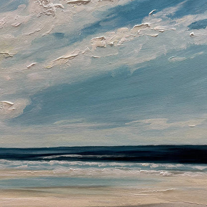 Seaside Serenity hand-painted ocean blue, ivory and soft neutral tones textured coastal landscape painting shown with wood frame
