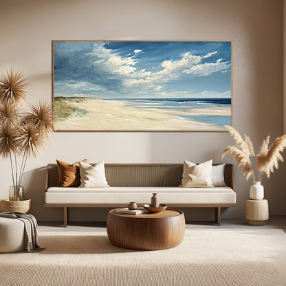 Seaside Serenity hand-painted ocean blue, ivory and soft neutral tones textured coastal landscape painting shown as stretched canvas