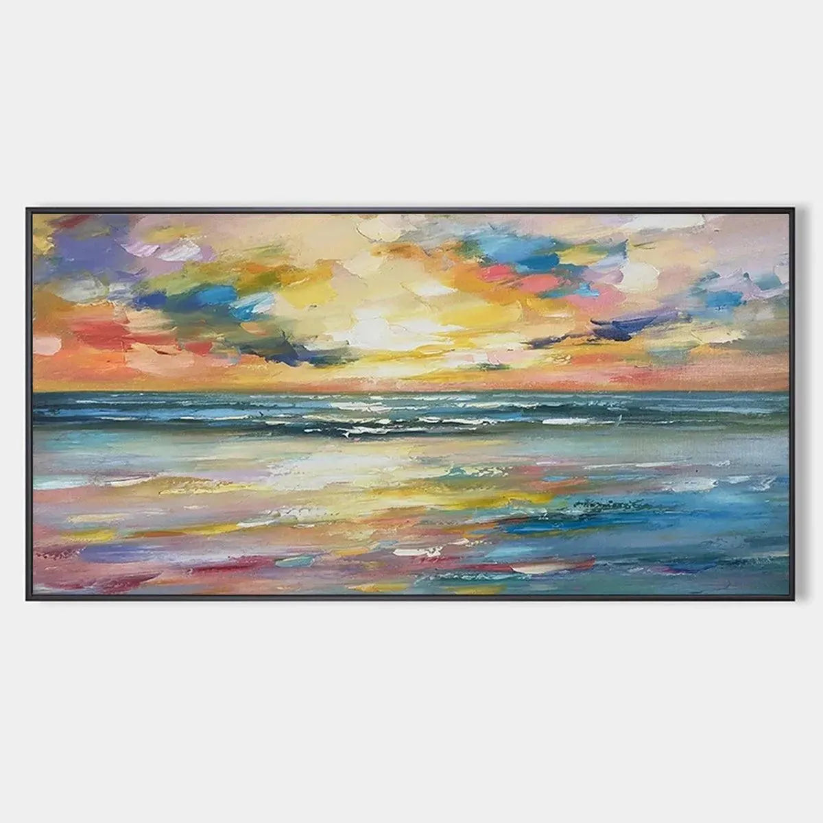 Seaside Sunset Serenade hand-painted ocean blue, ivory and soft neutral tones textured sunset seascape painting rolled canvas option