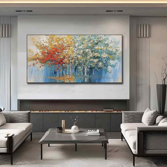 Seasonal Embrace hand-painted crimson, golden yellow, turquoise and violet textured forest landscape painting shown as stretched canvas