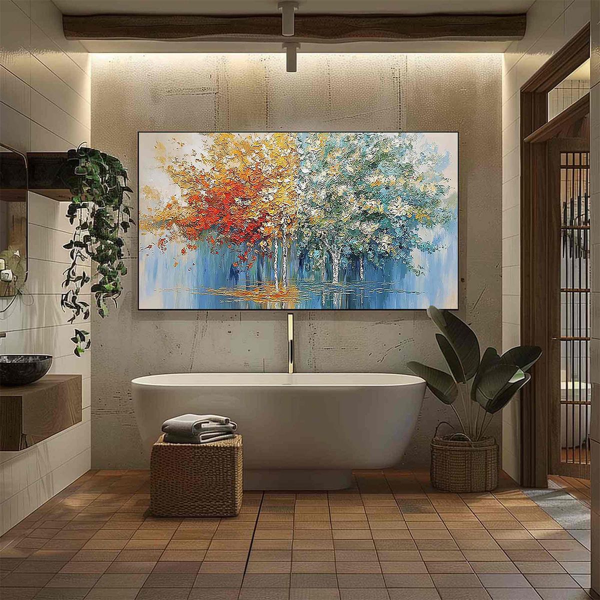 Seasonal Embrace hand-painted crimson, golden yellow, turquoise and violet textured forest landscape painting shown with silver frame