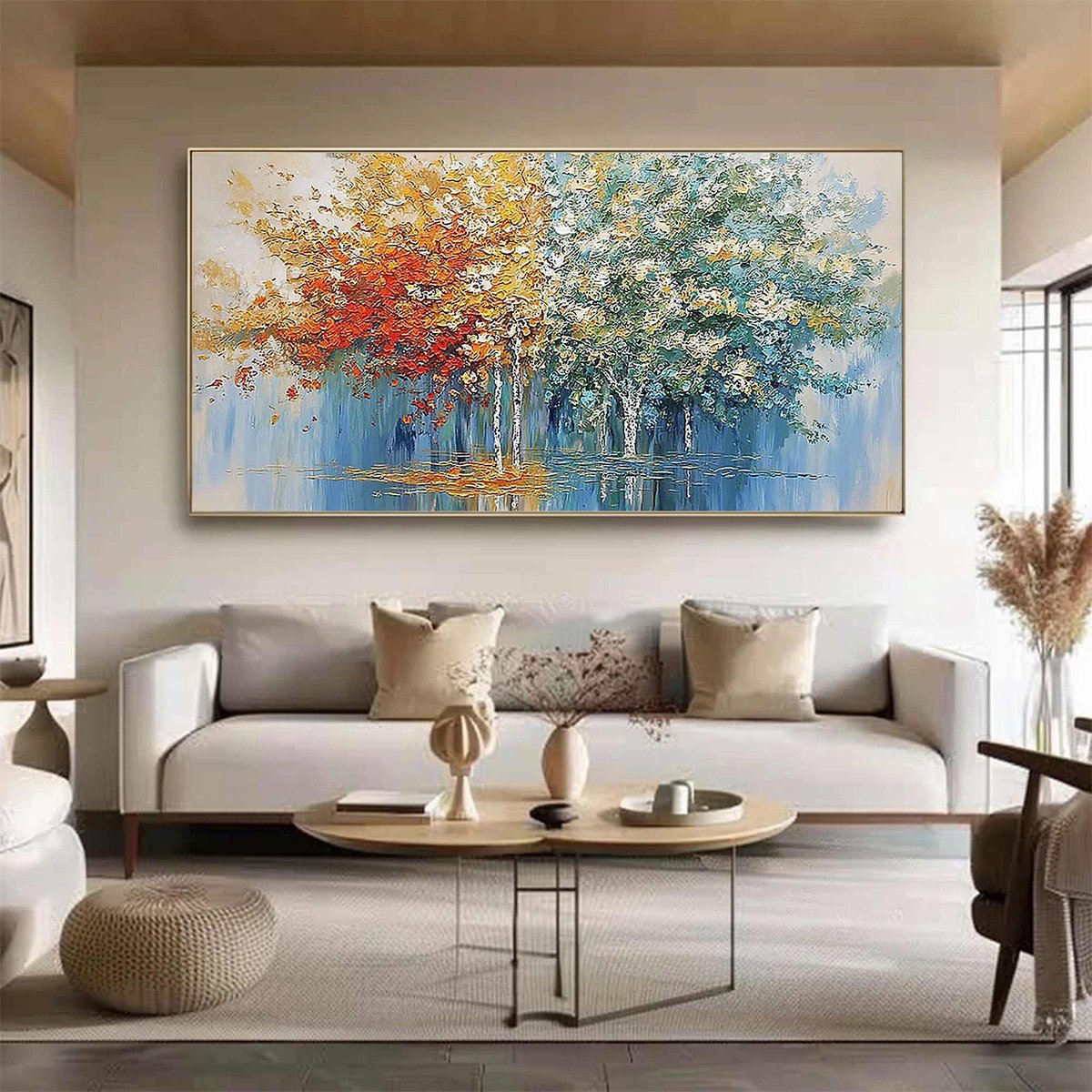 Seasonal Embrace hand-painted crimson, golden yellow, turquoise and violet textured forest landscape painting shown with black frame