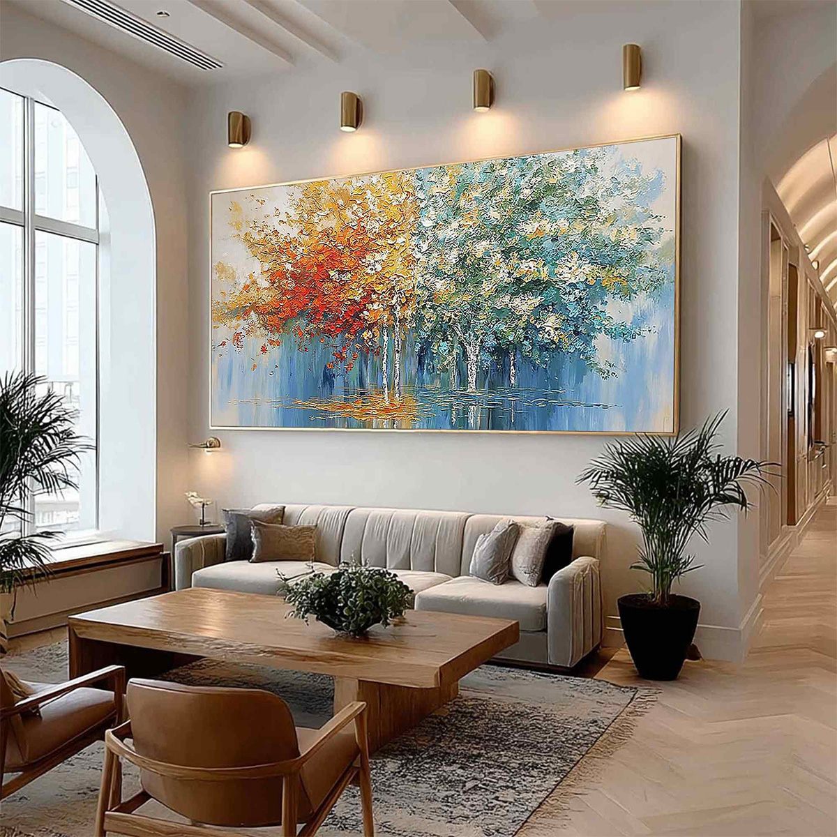 Seasonal Embrace hand-painted crimson, golden yellow, turquoise and violet textured forest landscape painting shown with wood frame