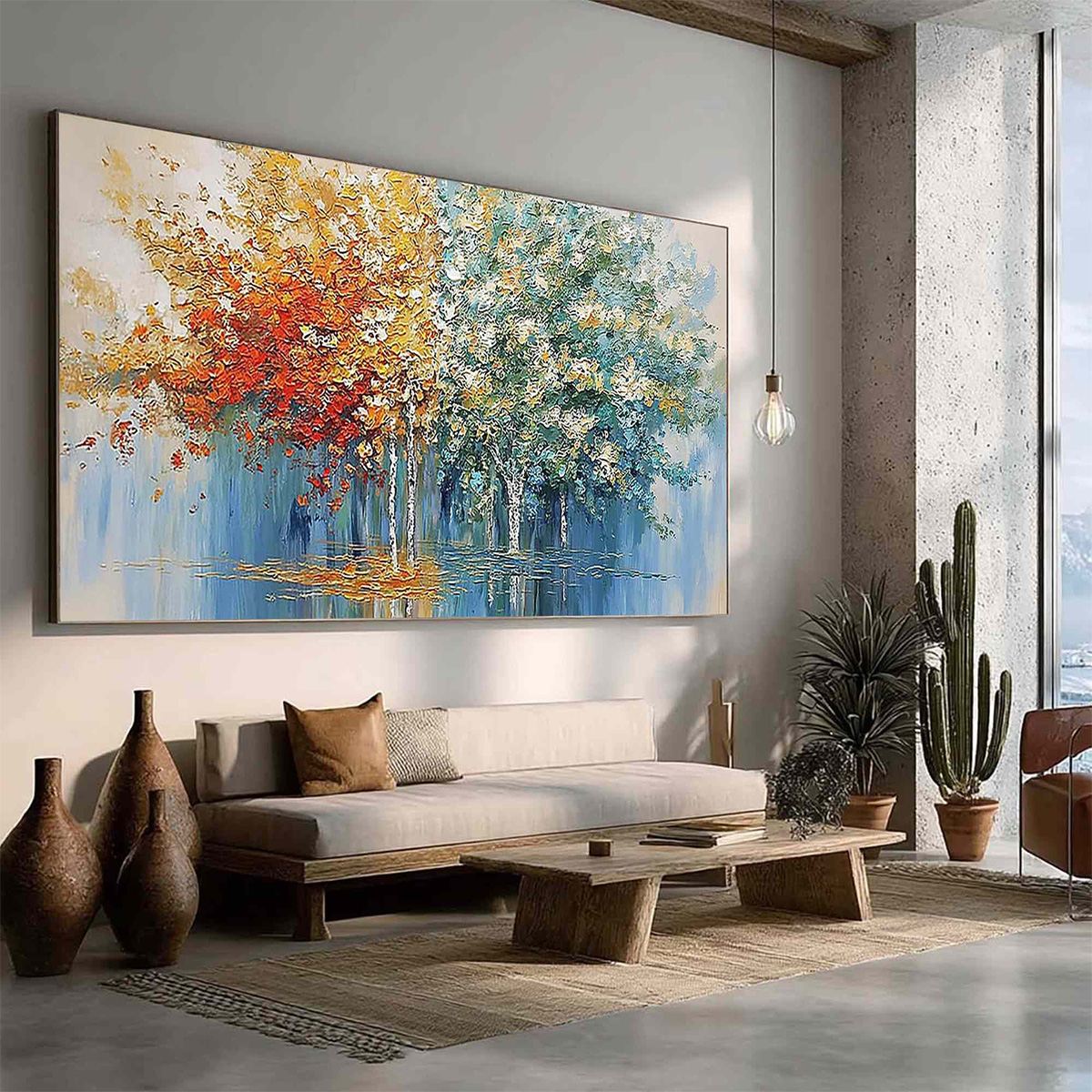 Seasonal Embrace hand-painted crimson, golden yellow, turquoise and violet textured forest landscape painting rolled canvas option