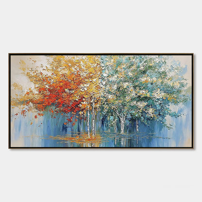 Seasonal Embrace hand-painted crimson, golden yellow, turquoise and violet textured forest landscape painting rolled canvas option