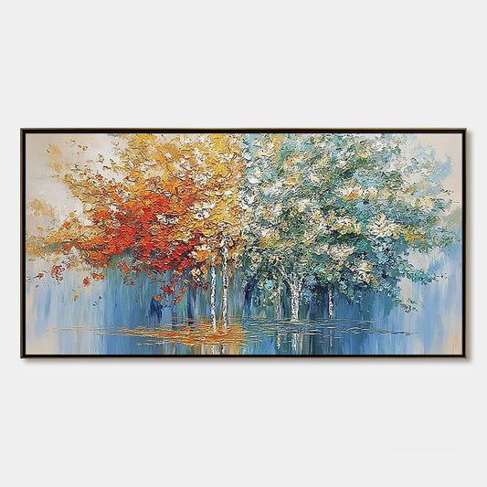 Seasonal Embrace hand-painted crimson, golden yellow, turquoise and violet textured forest landscape painting rolled canvas option