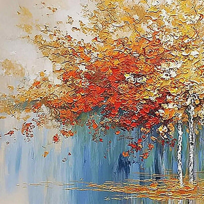 Seasonal Embrace hand-painted crimson, golden yellow, turquoise and violet textured forest landscape painting shown with gold frame