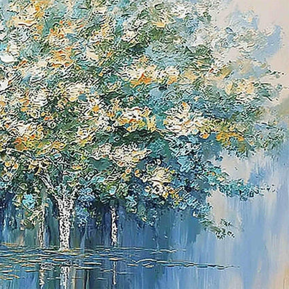 Seasonal Embrace hand-painted crimson, golden yellow, turquoise and violet textured forest landscape painting shown with white frame