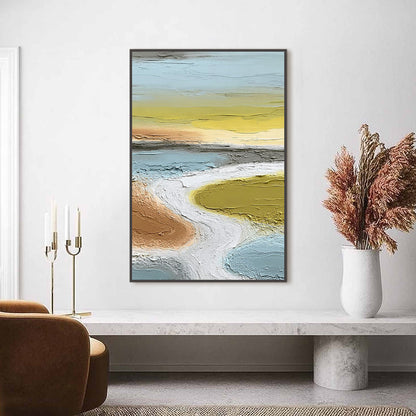 Serene Path hand-painted white and soft beige textured coastal landscape painting shown as stretched canvas