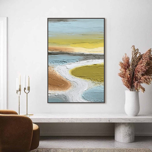 Serene Path hand-painted white and soft beige textured coastal landscape painting shown as stretched canvas