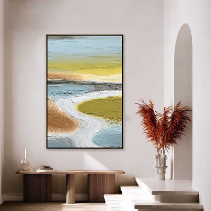 Serene Path hand-painted white and soft beige textured coastal landscape painting shown with silver frame