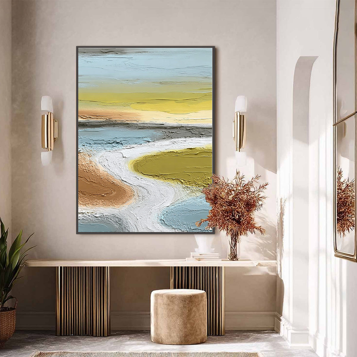Serene Path hand-painted white and soft beige textured coastal landscape painting shown with black frame