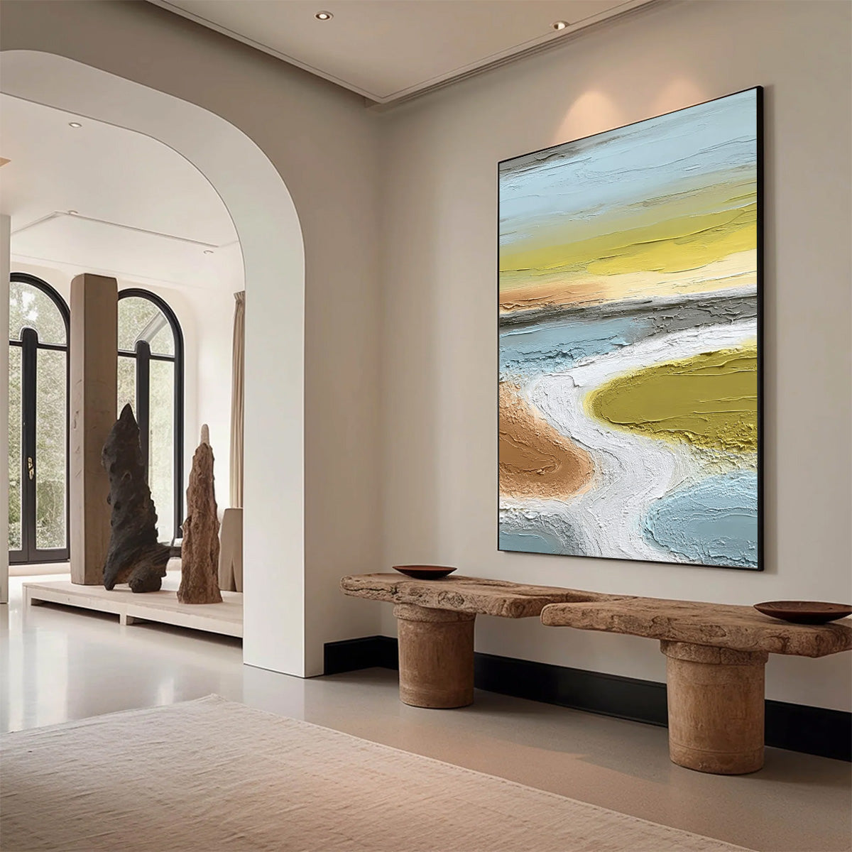 Serene Path hand-painted white and soft beige textured coastal landscape painting shown with wood frame