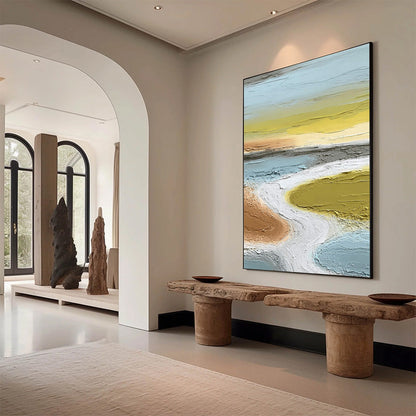 Serene Path hand-painted white and soft beige textured coastal landscape painting shown with wood frame