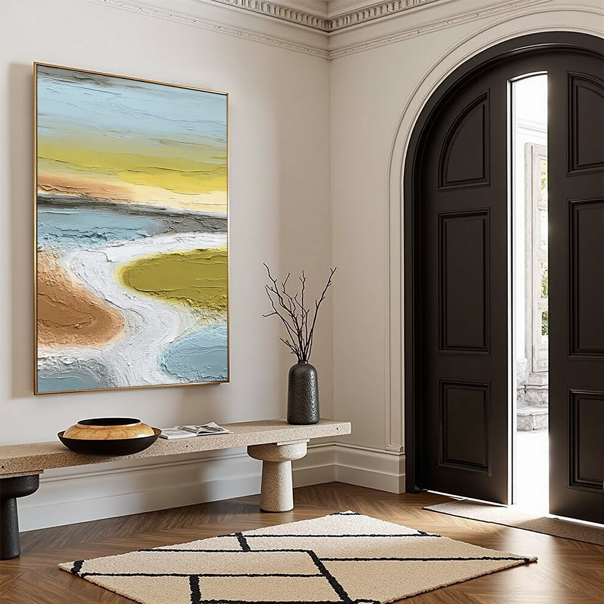 Serene Path hand-painted white and soft beige textured coastal landscape painting rolled canvas option