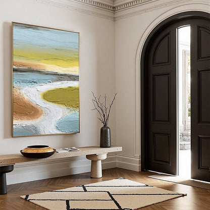 Serene Path hand-painted white and soft beige textured coastal landscape painting rolled canvas option