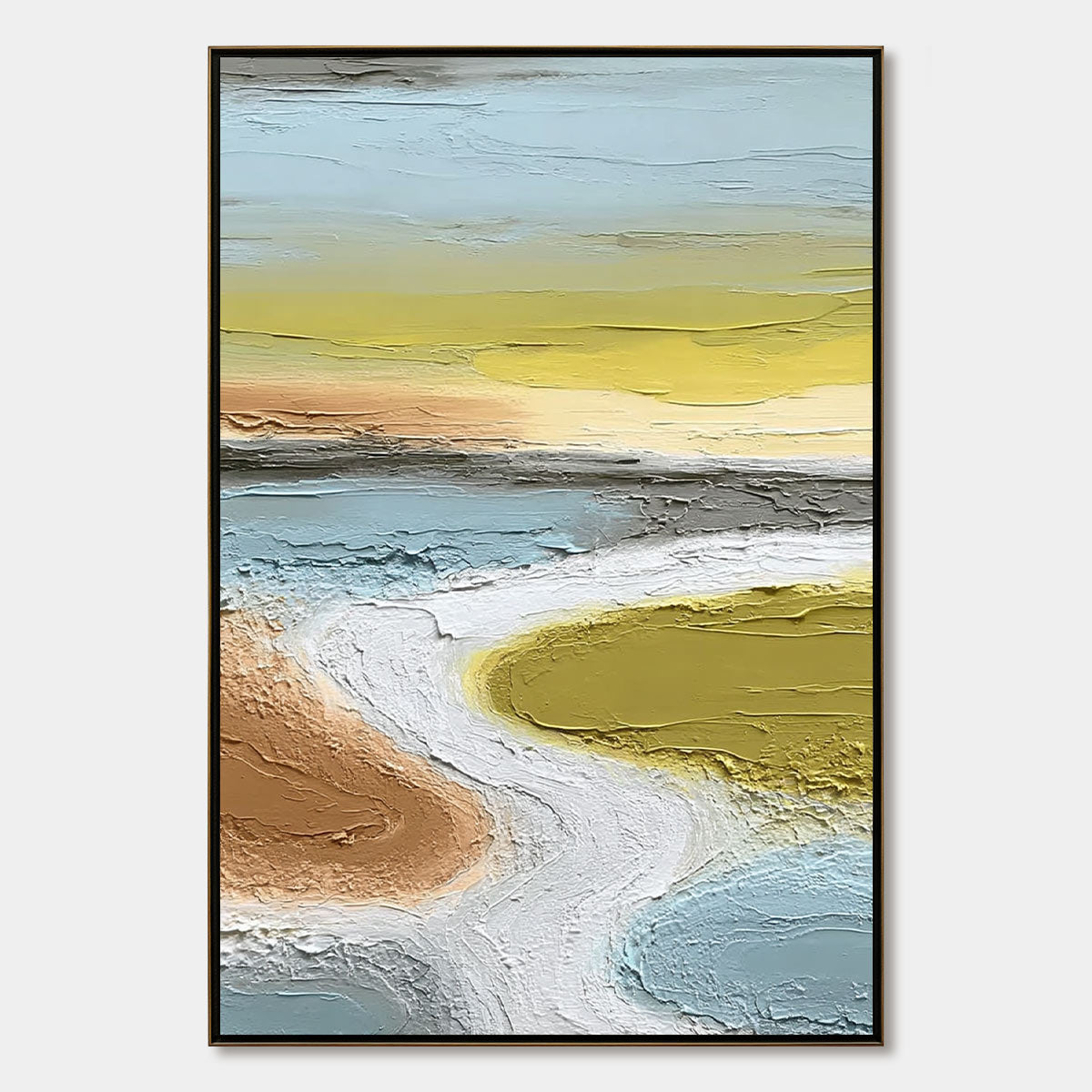 Serene Path hand-painted white and soft beige textured coastal landscape painting rolled canvas option