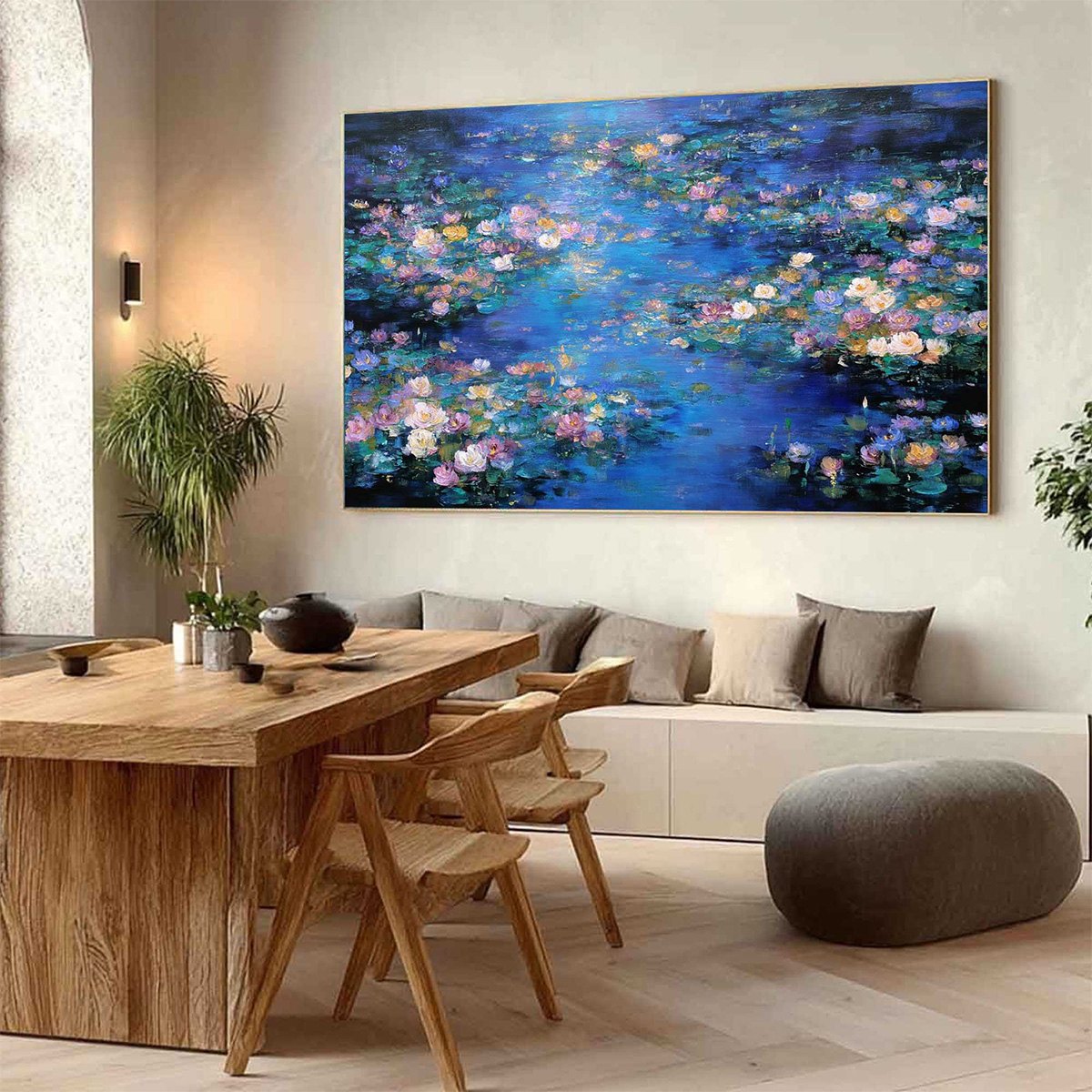 Yellow and Pink Lily Textured Oil Painting – Serene Reflections