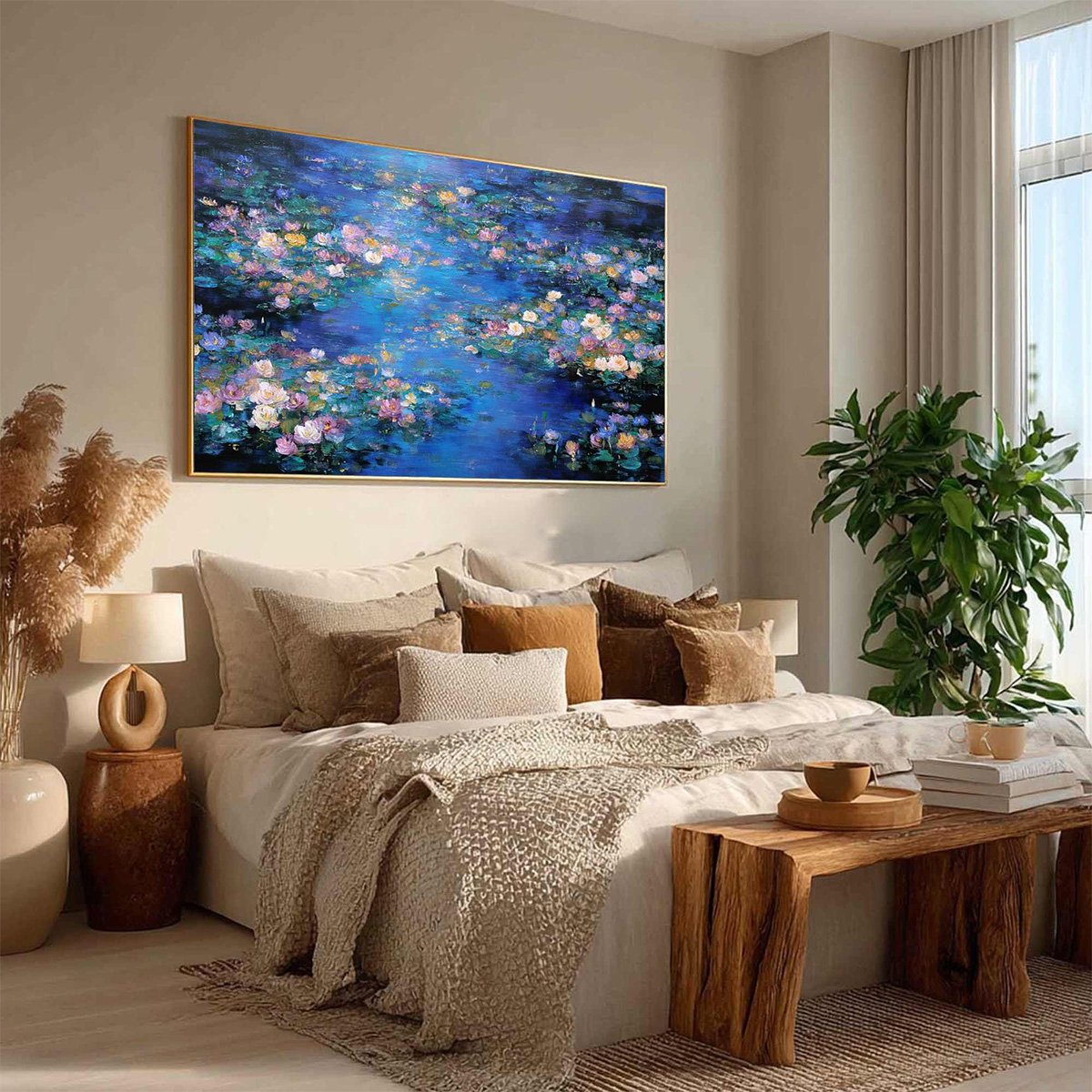 Yellow and Pink Lily Textured Oil Painting – Serene Reflections
