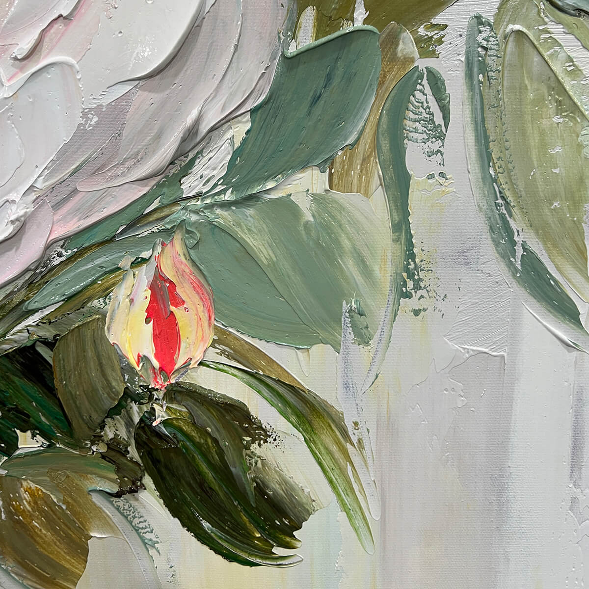 Blush and White Peony Textured Oil Painting – Serene Blossoms