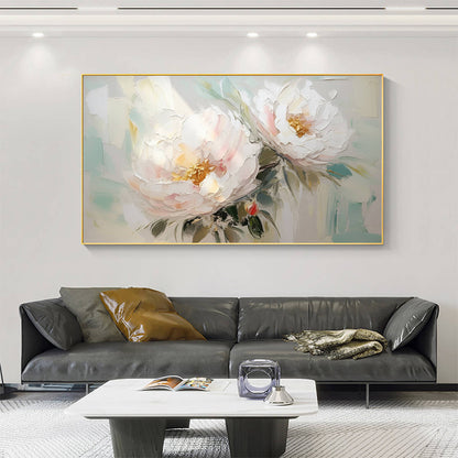 Blush and White Peony Textured Oil Painting – Serene Blossoms