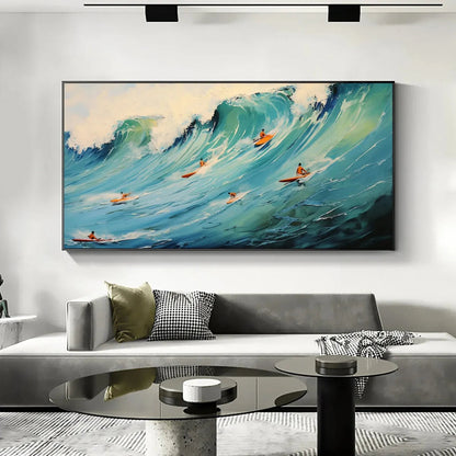 Epic Ride hand-painted orange and ivory textured surfer ocean painting shown with black frame