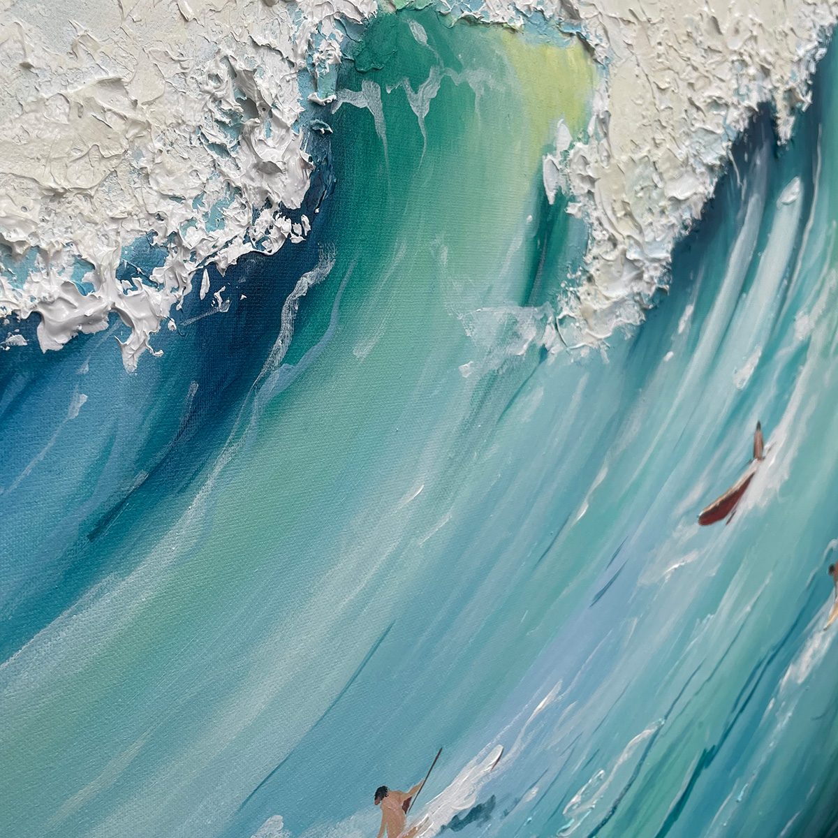 Epic Ride hand-painted orange and ivory textured surfer ocean painting shown with wood frame