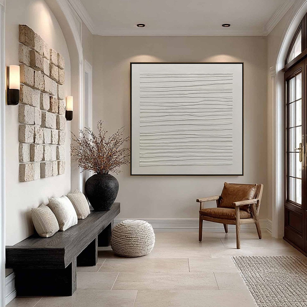 White Wabi-Sabi Abstract Textured Oil Painting – Serene Lines