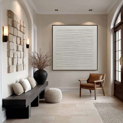 White Wabi-Sabi Abstract Textured Oil Painting – Serene Lines